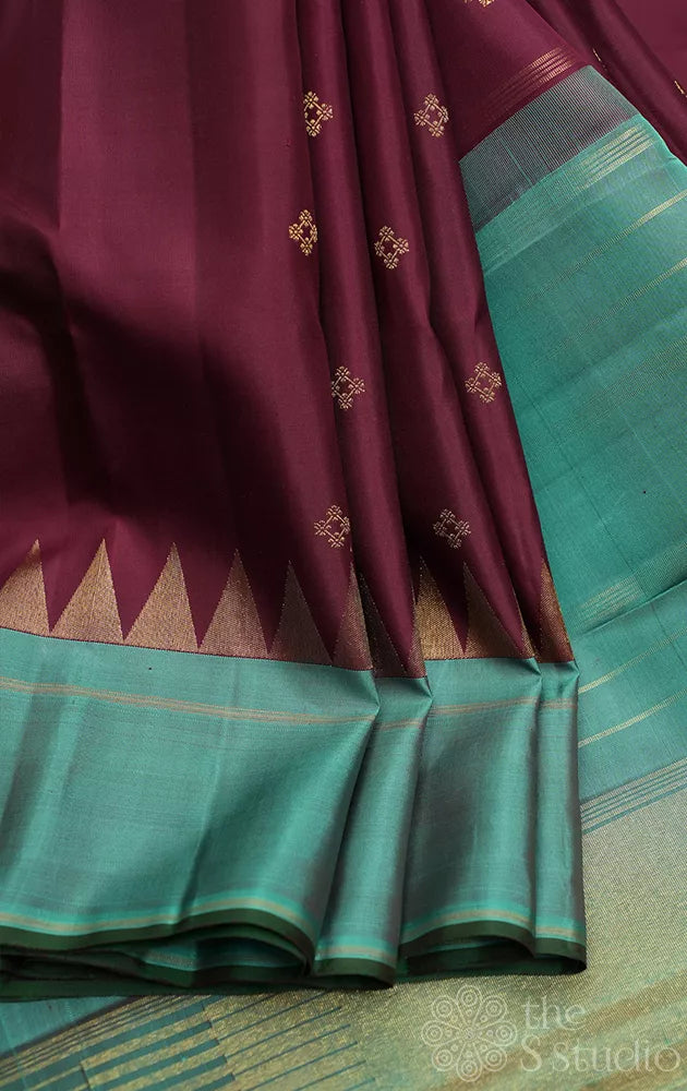 Brown kanjivaram silk saree with rama green border