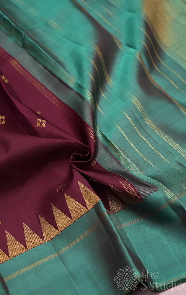 Brown kanjivaram silk saree with rama green border