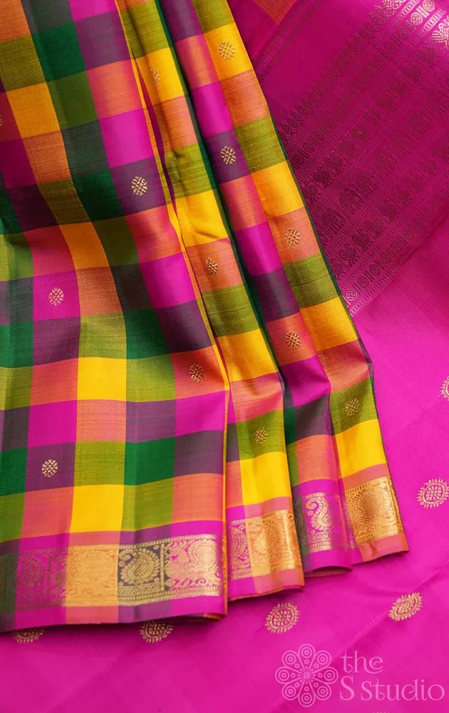 Paalum pazhamum checks kanjeevaram silk saree with ranipink pallu