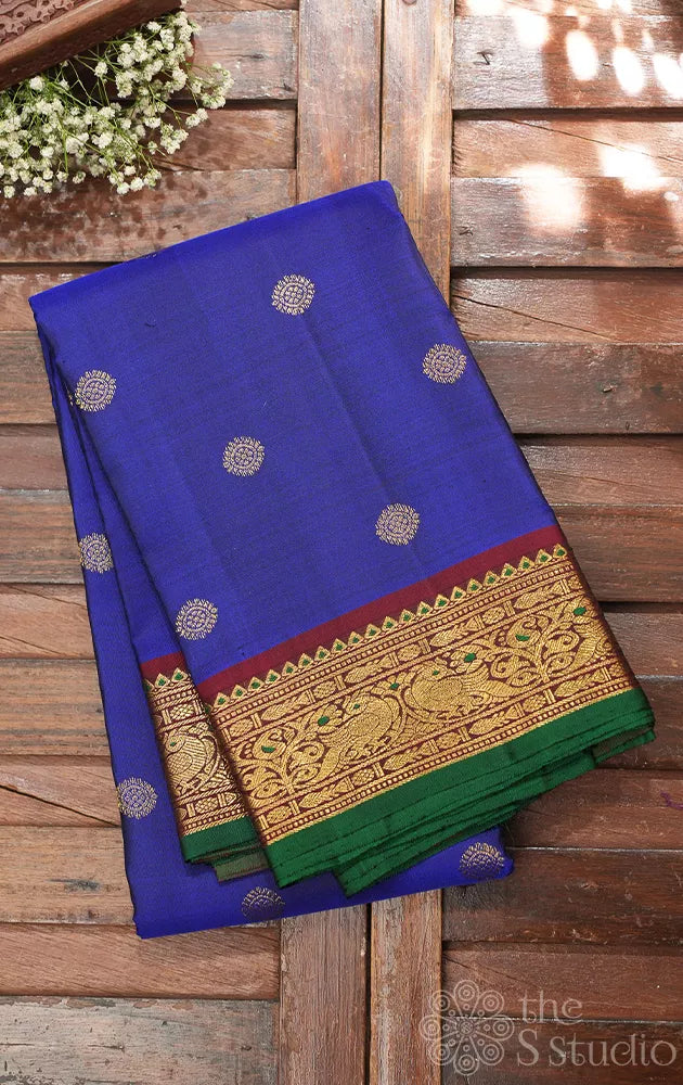 MS blue kanchipuram silk saree with maroon border