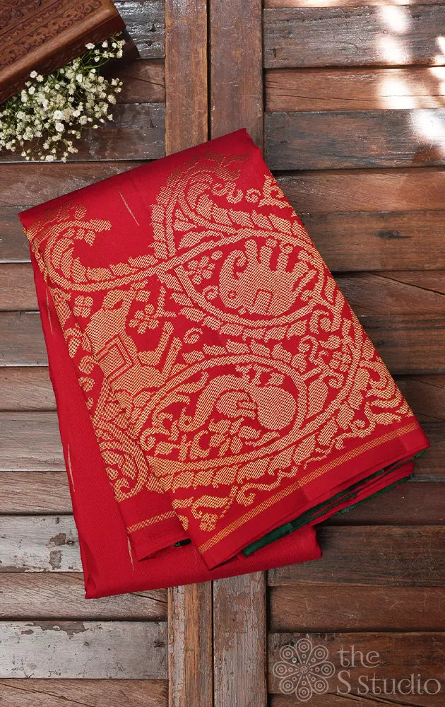 Red kanjivaram silk saree with corner adai woven buttas