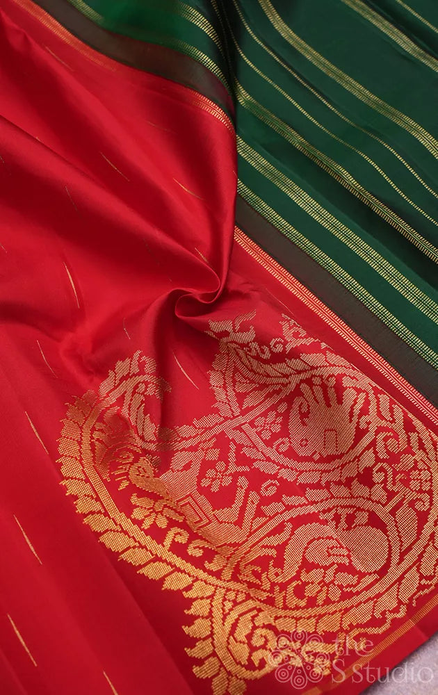 Red kanjivaram silk saree with corner adai woven buttas