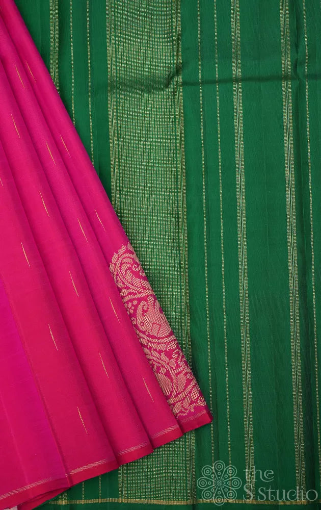 Rani pink kanjivaram silk saree with corner adai woven buttas