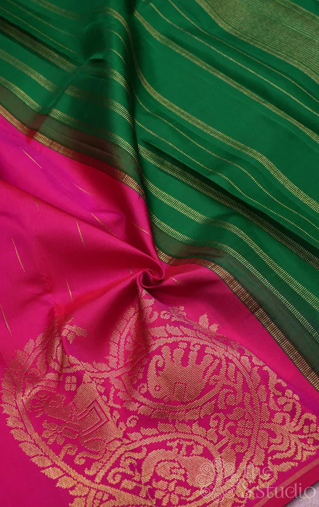 Rani pink kanjivaram silk saree with corner adai woven buttas