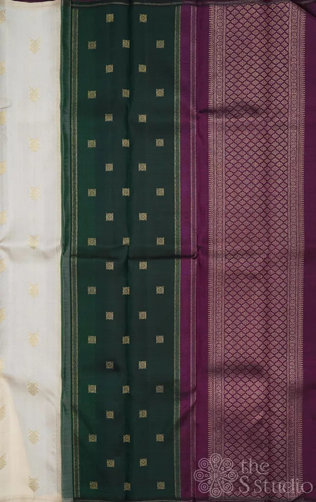 Off white kanjivaram silk saree with double pallu
