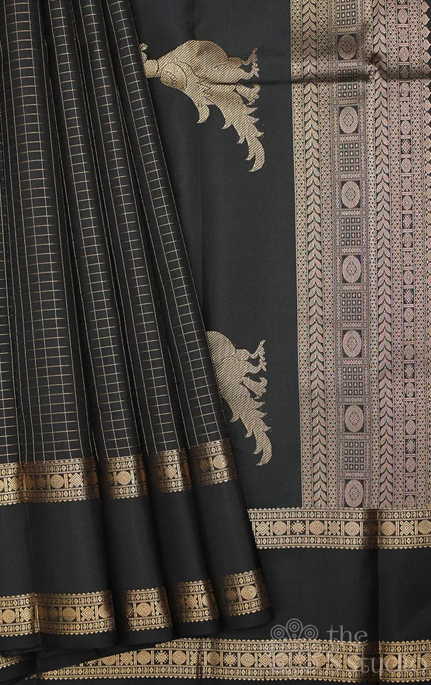 Black kanchipuram silk saree with zari checks and rettaipet border