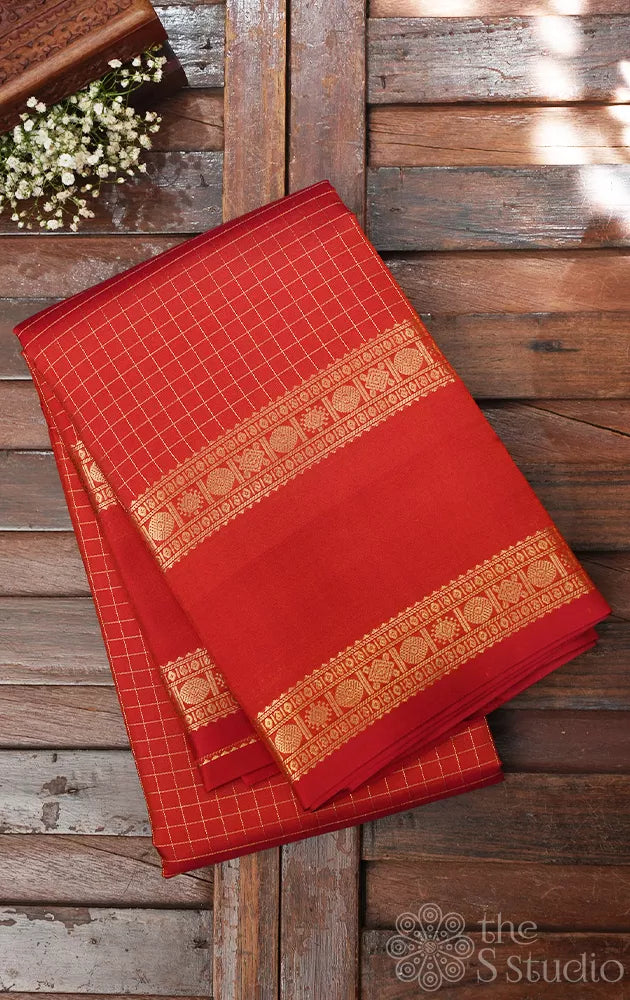 Rust checked kanjeevaram silk saree with rettaipet zari border