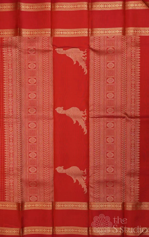 Rust checked kanjeevaram silk saree with rettaipet zari border