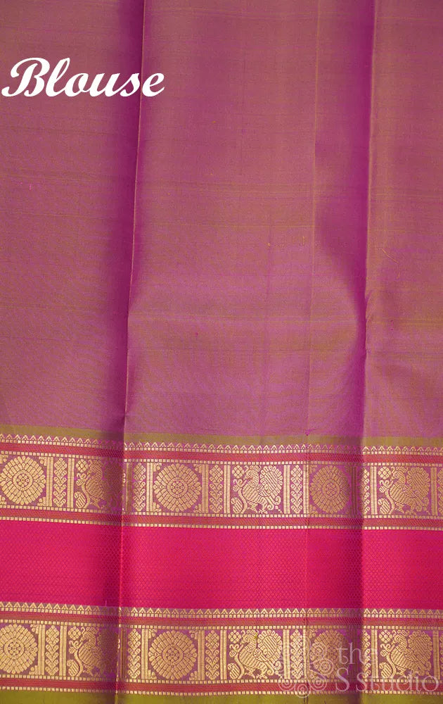 Pinkish green kanchi silk saree with rettaipet border and kili motifs pallu