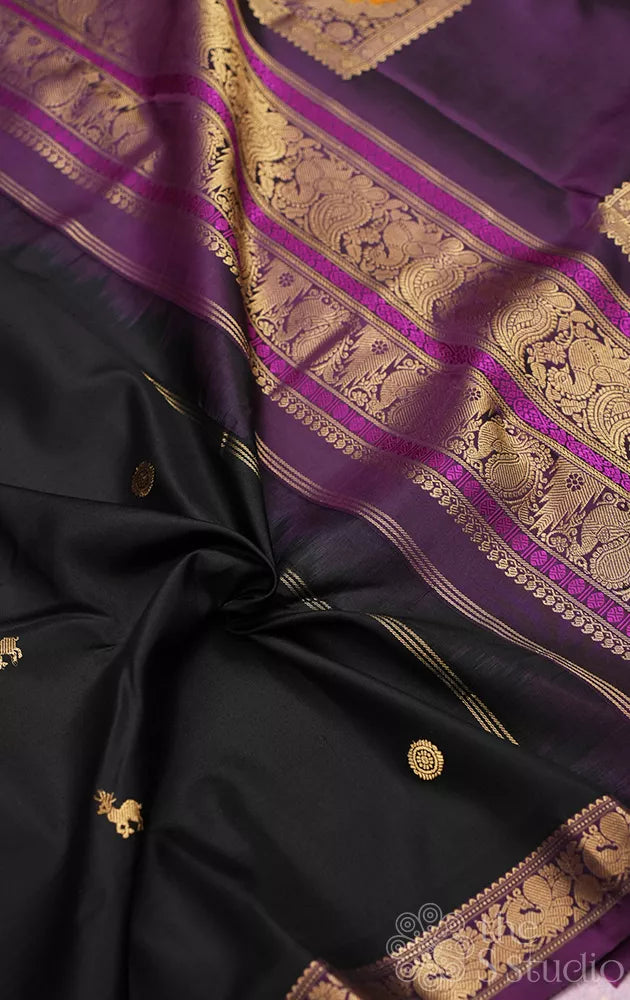 Black kanjeevaram silk saree with pichwai pallu