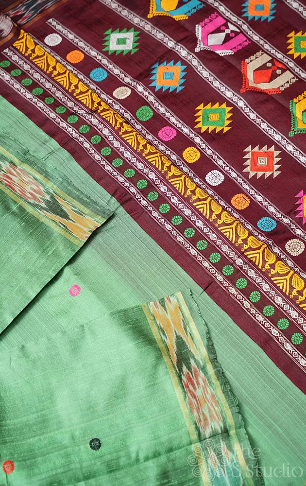 Pista green raw silk saree with ikkat style border