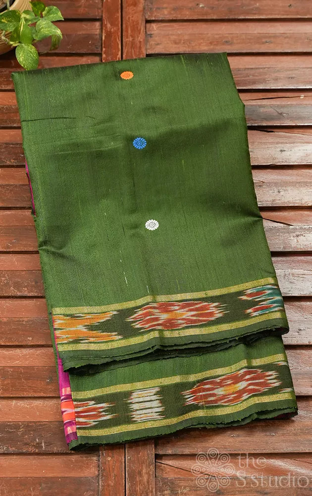 Olive green raw silk saree with dolabedi design pallu