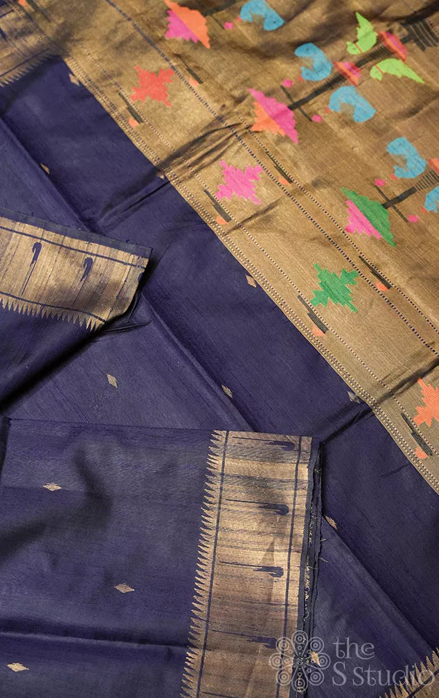Navy blue raw silk saree with paithani style border