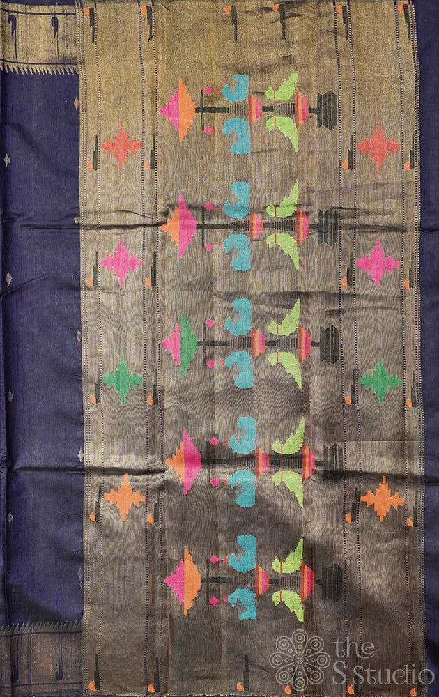 Navy blue raw silk saree with paithani style border