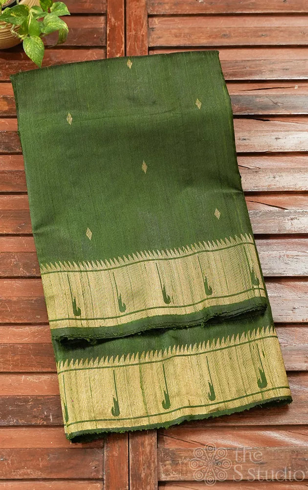 Methi green raw silk saree with paithani style pallu