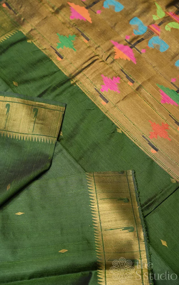 Methi green raw silk saree with paithani style pallu