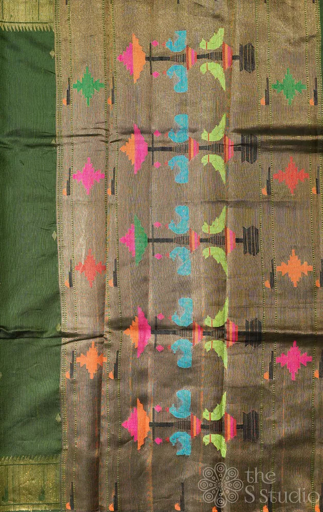 Methi green raw silk saree with paithani style pallu