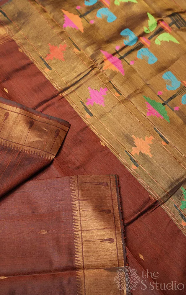Brown raw silk saree with paithani style border