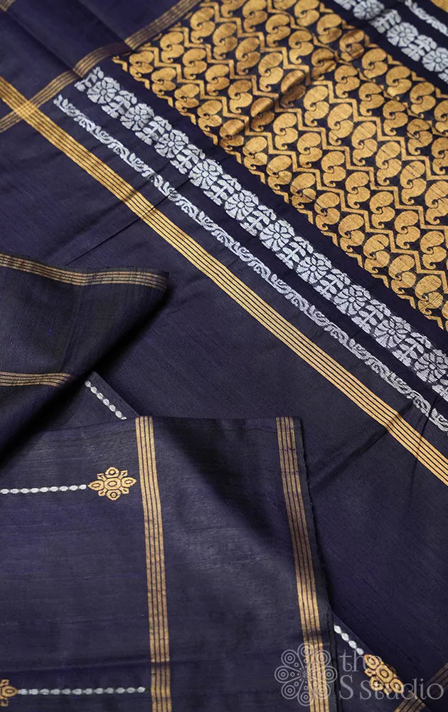 Navy blue raw silk saree with zari rich pallu