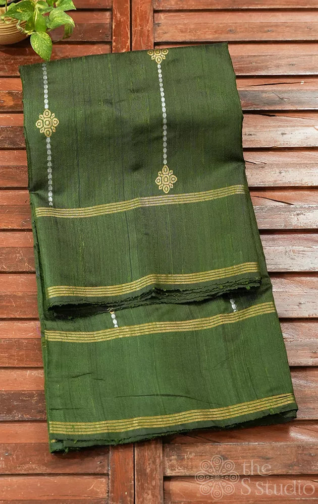 Methi green raw silk saree with rettaipet border