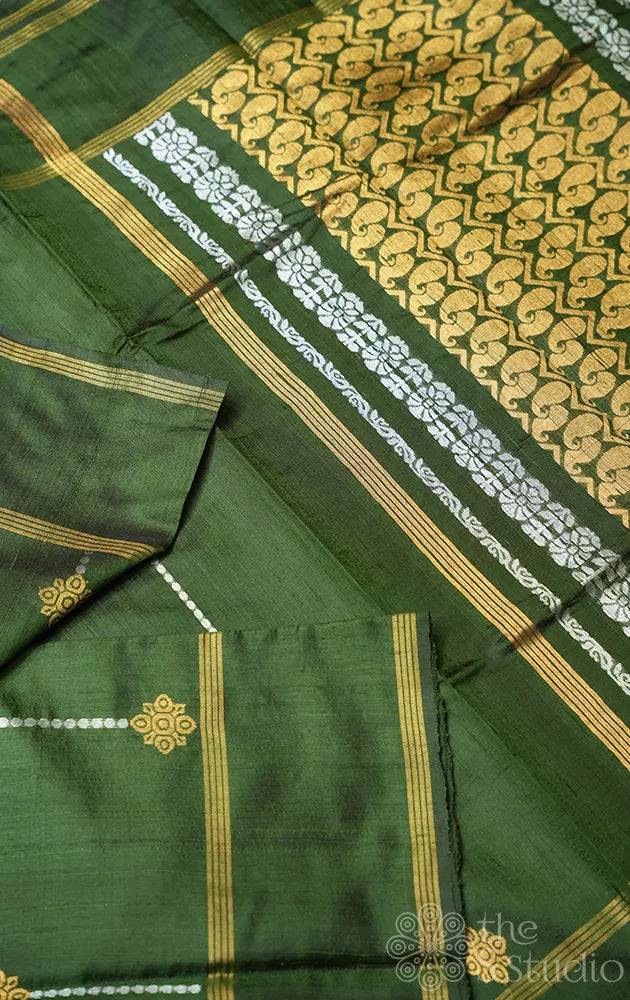 Methi green raw silk saree with rettaipet border