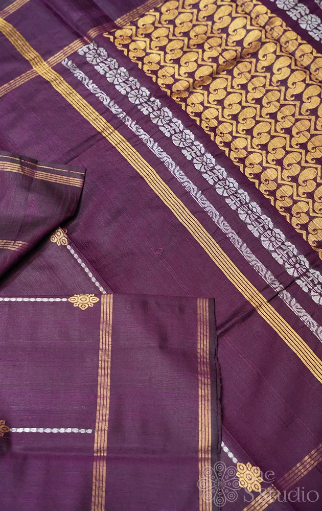 Purple raw silk saree with rettaipet border and zari buttas