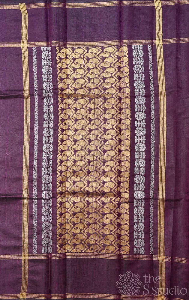 Purple raw silk saree with rettaipet border and zari buttas