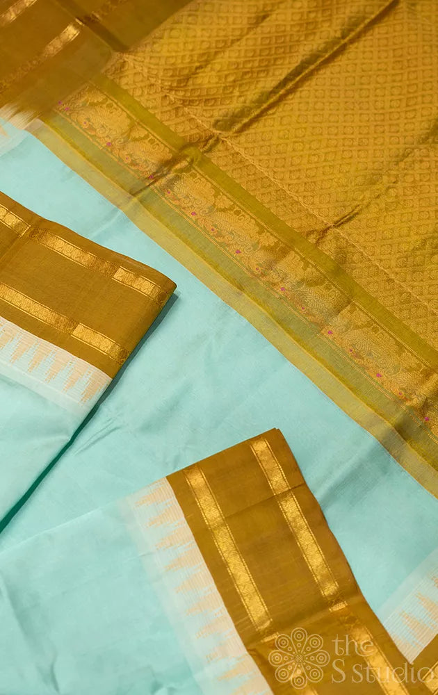 Aqua blue silk cotton saree with rettaipet border
