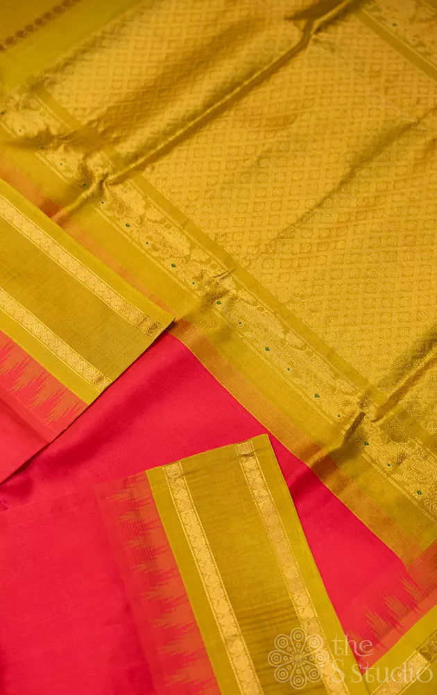 Bright rose silk cotton saree with rettaipet border