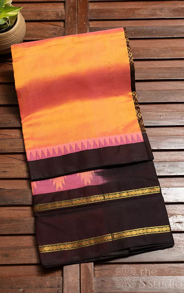 Light peach handloom silk cotton saree with temple border