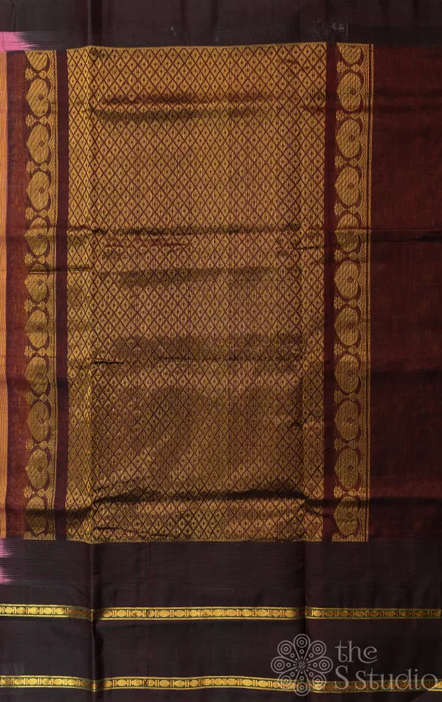 Light peach handloom silk cotton saree with temple border