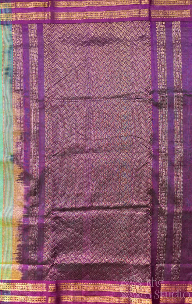 Sea green ten yards silk cotton saree with kolam butta