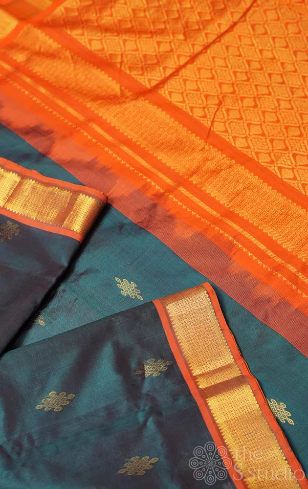Bottle green ten yards silk cotton saree with getti zari border