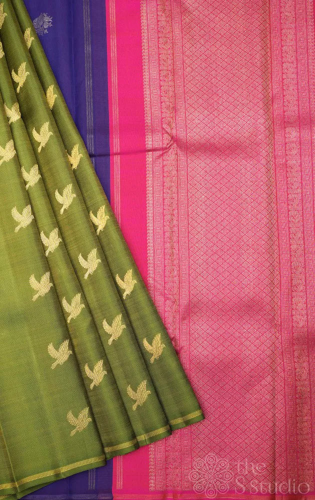 Chutney green kanchipuram silk saree with bird motifs and double pallu