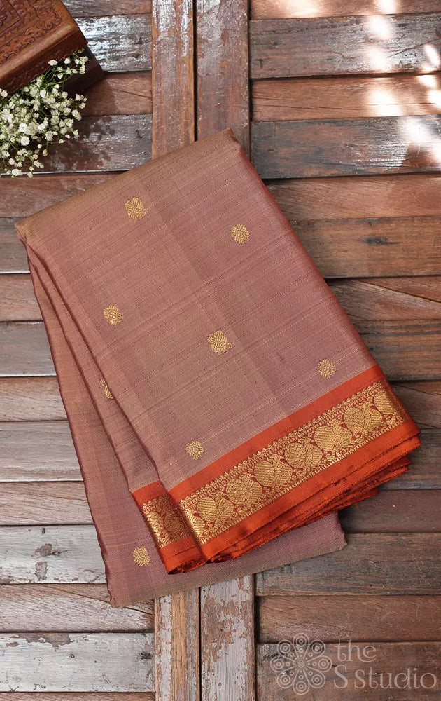 Cocoa brown kanchipuram silk saree with small rust border