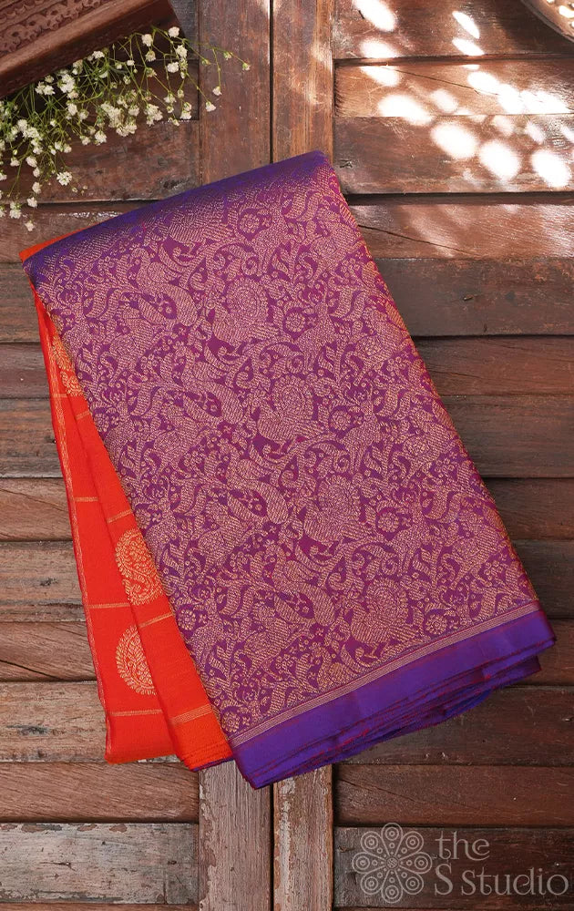 Orange zari checked kanjeevaram silk saree with vansingharam border