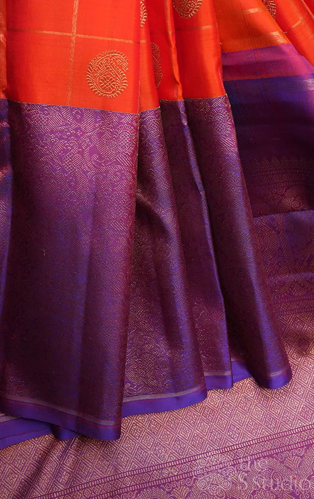 Orange zari checked kanjeevaram silk saree with vansingharam border