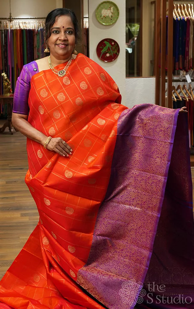 Orange zari checked kanjeevaram silk saree with vansingharam border