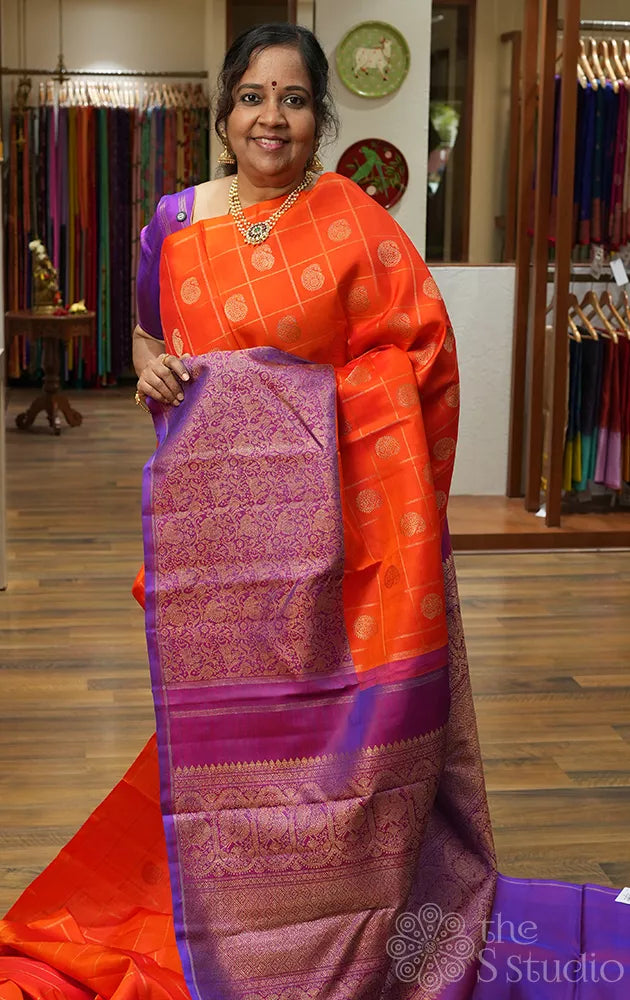 Orange zari checked kanjeevaram silk saree with vansingharam border