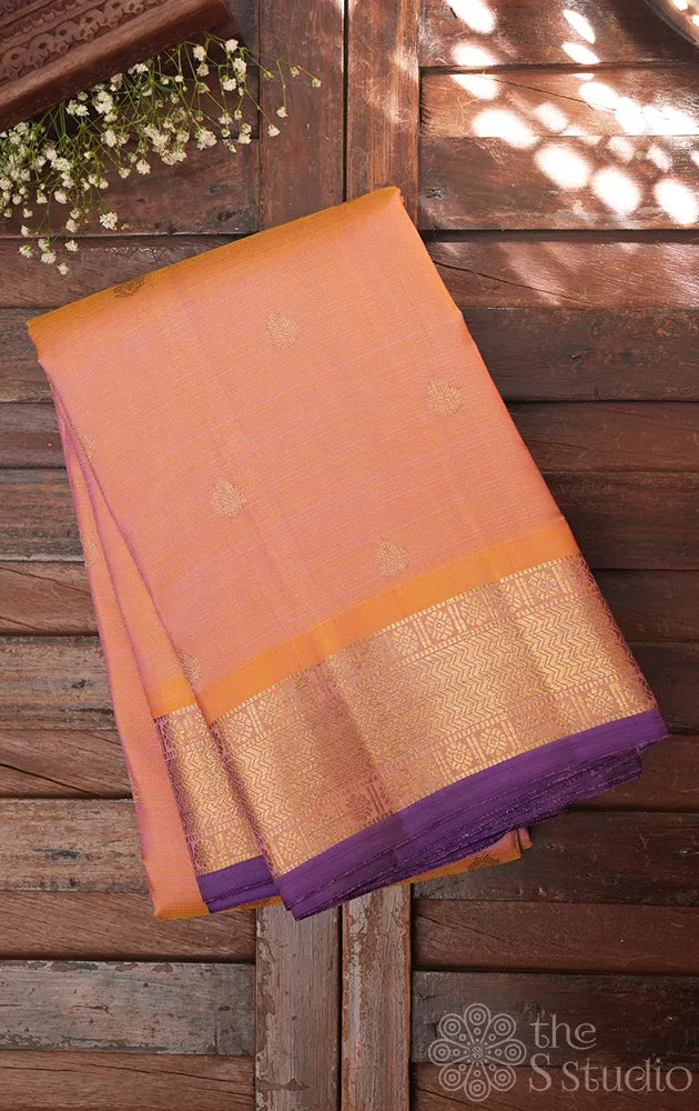 Peach vairaoosi kanchipuram silk saree with purple selvedge