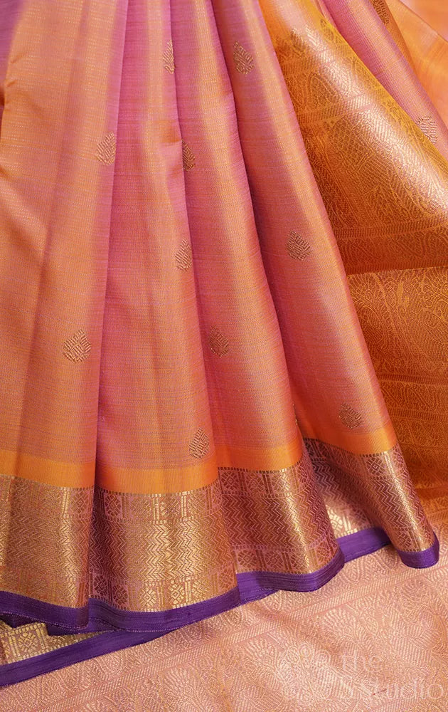 Peach vairaoosi kanchipuram silk saree with purple selvedge
