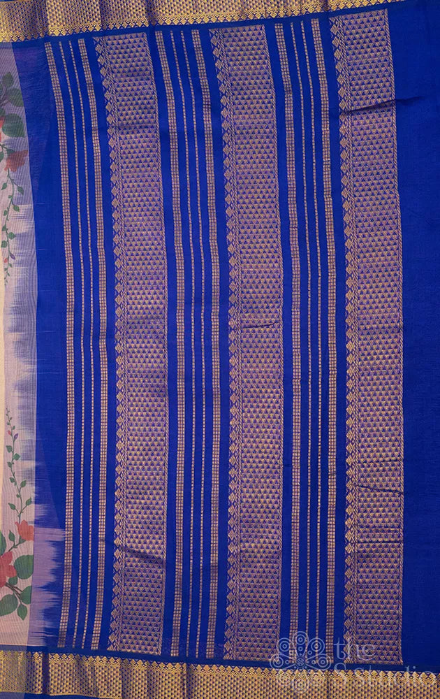 Beige floral printed silk cotton saree with zari border