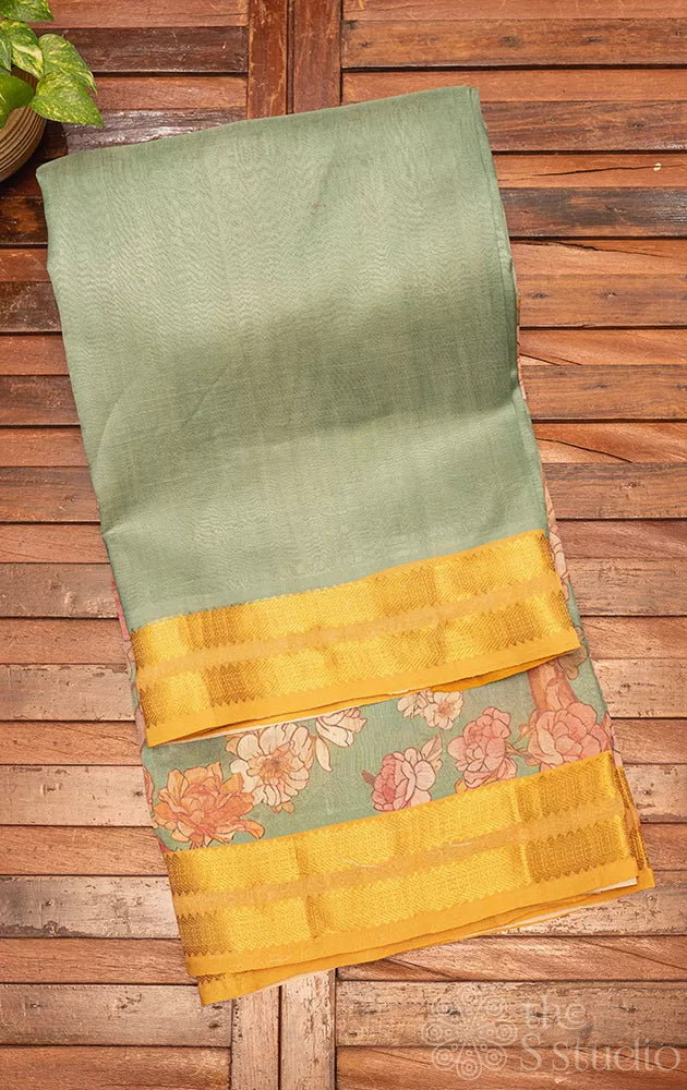 Teal green printed silk cotton saree with mustard rettaipet border