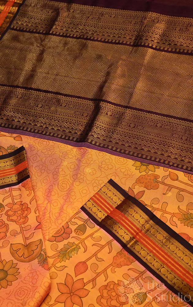 Light peach floral printed silk cotton saree with korvai border
