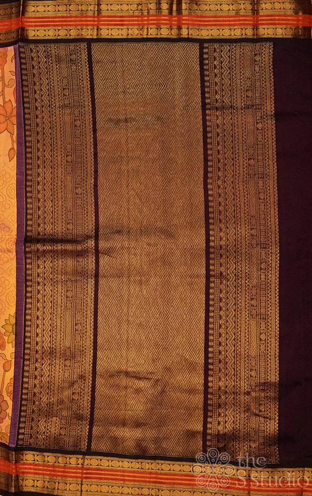 Light peach floral printed silk cotton saree with korvai border