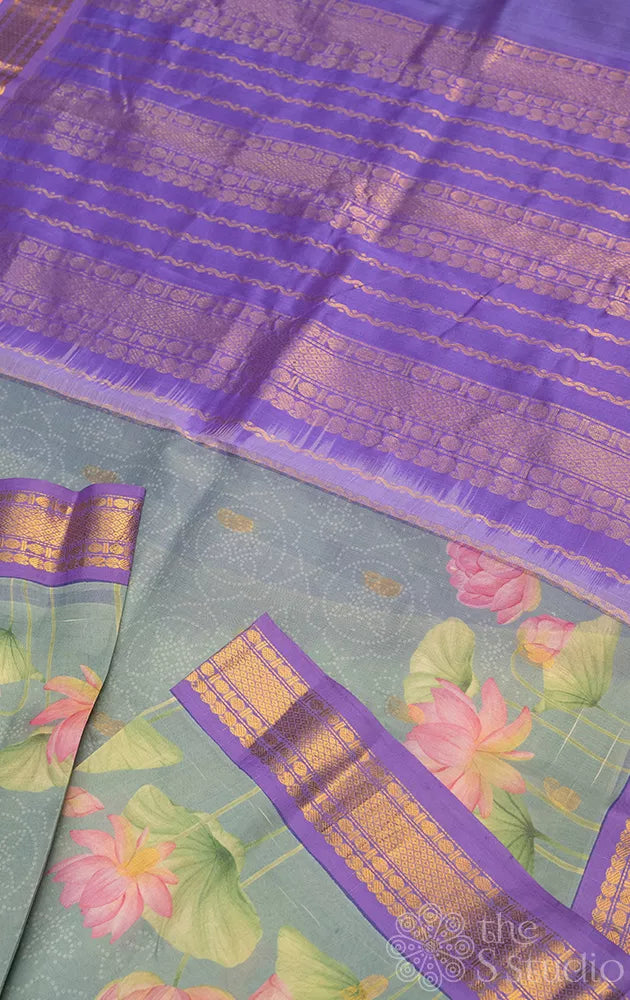 Grey lotus printed silk cotton saree with lavender border