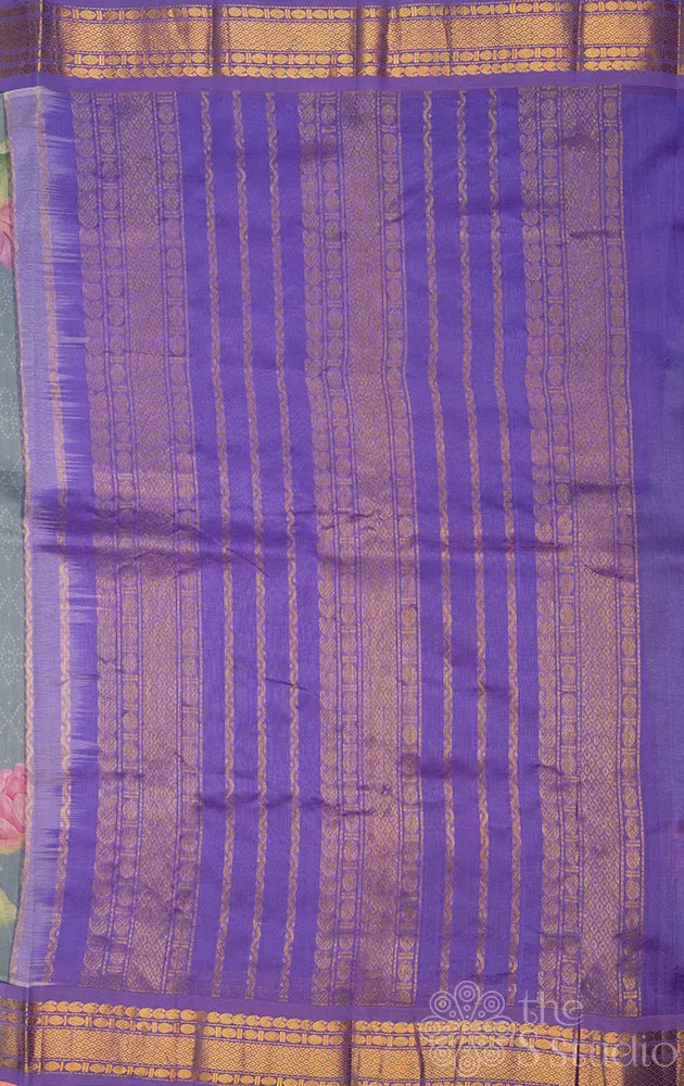 Grey lotus printed silk cotton saree with lavender border