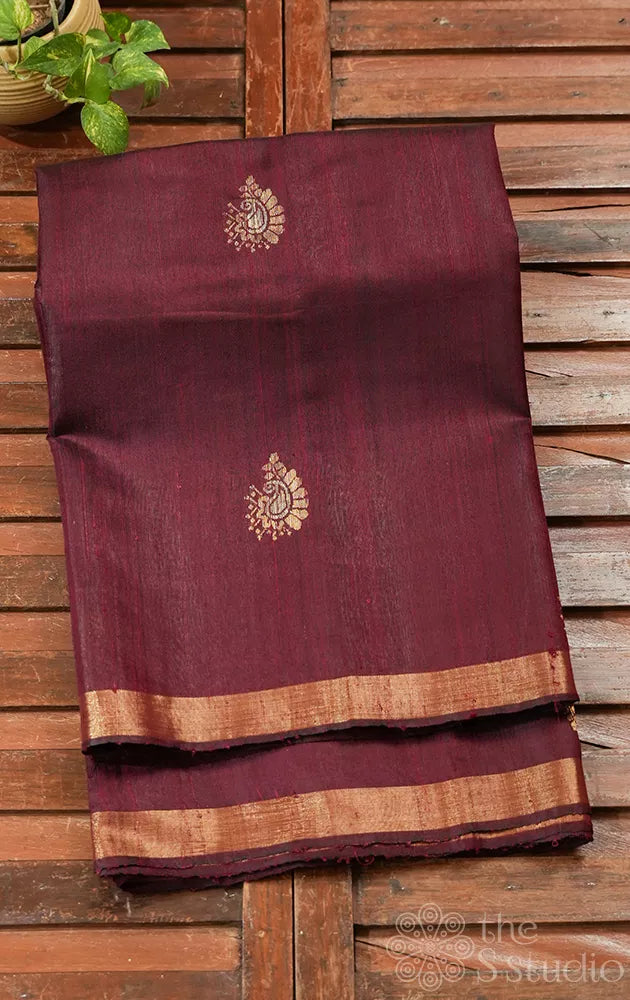 Maroon raw silk saree with zari rich pallu