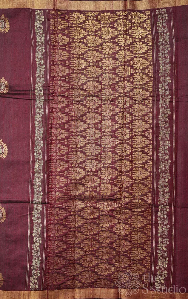 Maroon raw silk saree with zari rich pallu