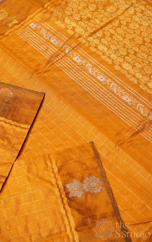 Sunset yellow raw silk saree with zari checks